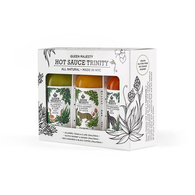 Queen Majesty 2OZ HOT SAUCE SAMPLER, Mini 2 oz - Jalapeo, Scotch Bonnet, Red Habanero/Award Winning Sauces - All Natural, Kosher, Vegan, Gluten Free, No Sugar, Made In NYC - Seen on Hot Ones