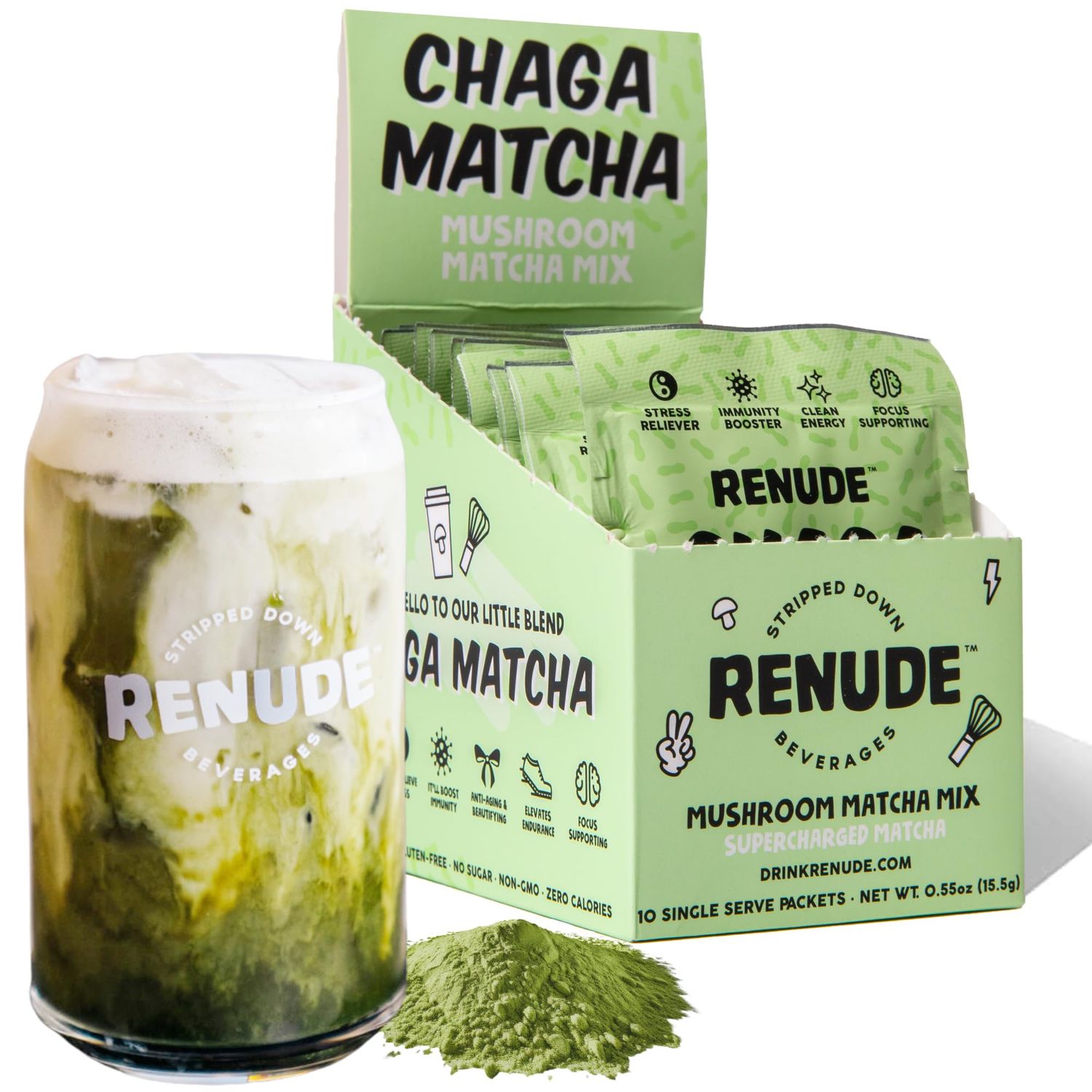 Renude Chaga Matcha - Chaga Mushroom Powder, Matcha Superfood Drink Mix with Adaptogens, Ceremonial Grade Mushroom Matcha, Keto, Vegan, Sugar Free, Natural Energy and Immune Support - 10 Servings