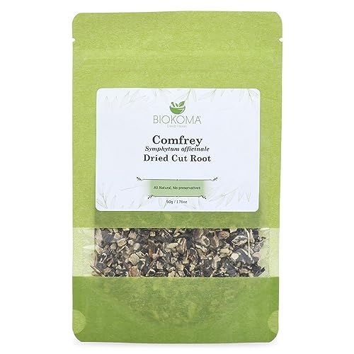 Biokoma Pure and Natural Comfrey Dried Cut Root 50g (1.76oz) in Resealable Moisture Proof Pouch - Herbal Tea, No Additives, No Preservatives, Kosher