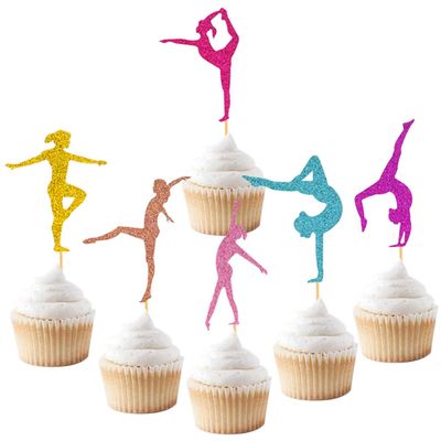 Gymnastics Cupcake Topper Gymnast Themed Cake Food Fruit Dessert Appetizer Picks Girl Birthday Party Supplies Colorful Glitter Decorations Set of 24