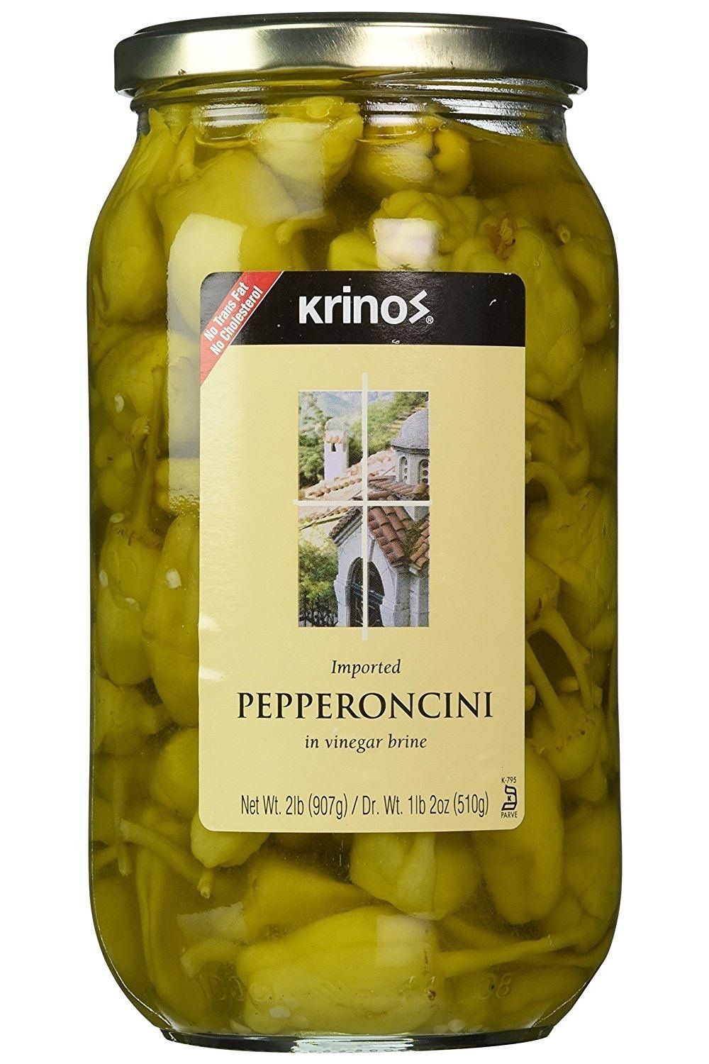 Krinos Imported Pepperoncini in Vinegar Brine, Bold Flavor, Crunchy, Ready to Eat - 1.14lb Jar