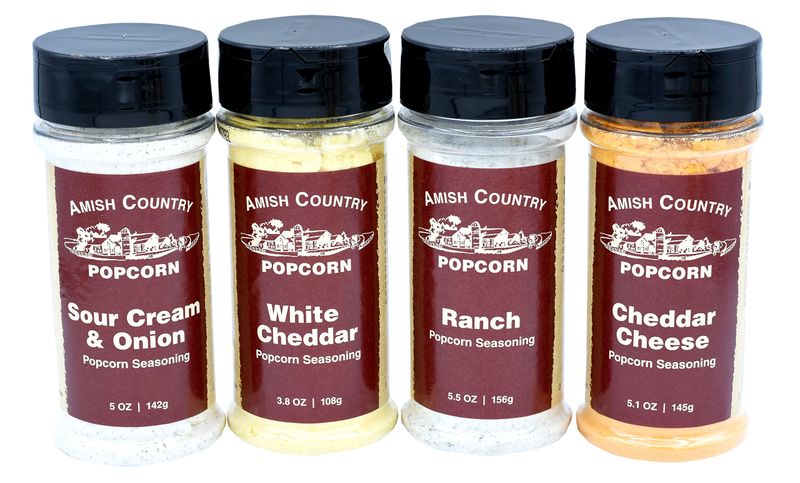Amish Country Popcorn | Seasoning Variety Pack | 4 Bottles | White Cheddar - Cheddar Cheese - Sour Cream &amp; Onion -Ranch | Nut Free | Old Fashioned, Non-GMO and Gluten Free