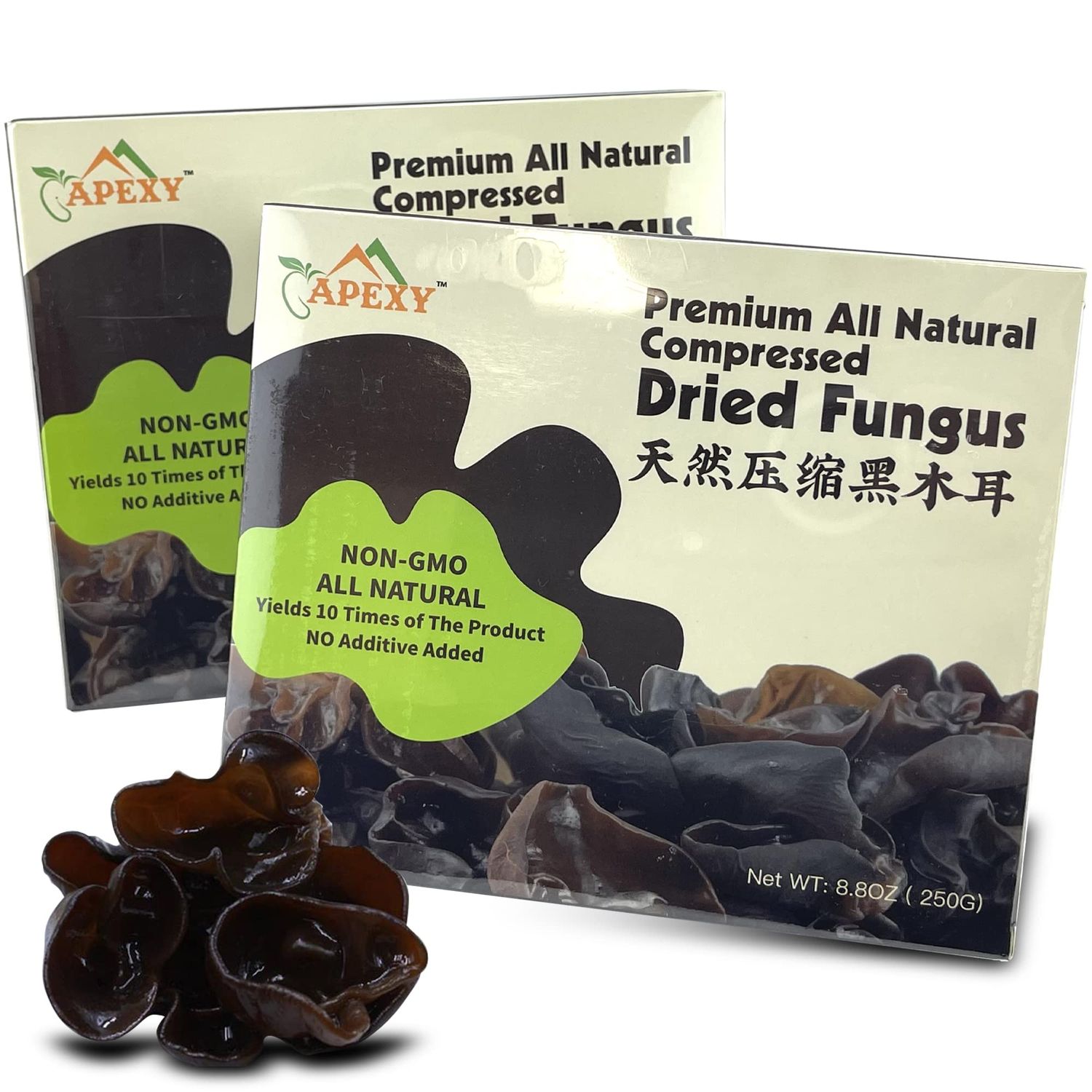 Apexy Premium Dried All Natural Compressed Black Fungus (Black Wood Ear Mushroom) - 8.8 Oz -- 10 Times Volume Yield After Soaking (Pack of 2)