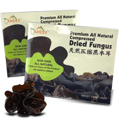 Apexy Premium Dried All Natural Compressed Black Fungus (Black Wood Ear Mushroom) - 8.8 Oz -- 10 Times Volume Yield After Soaking (Pack of 2)