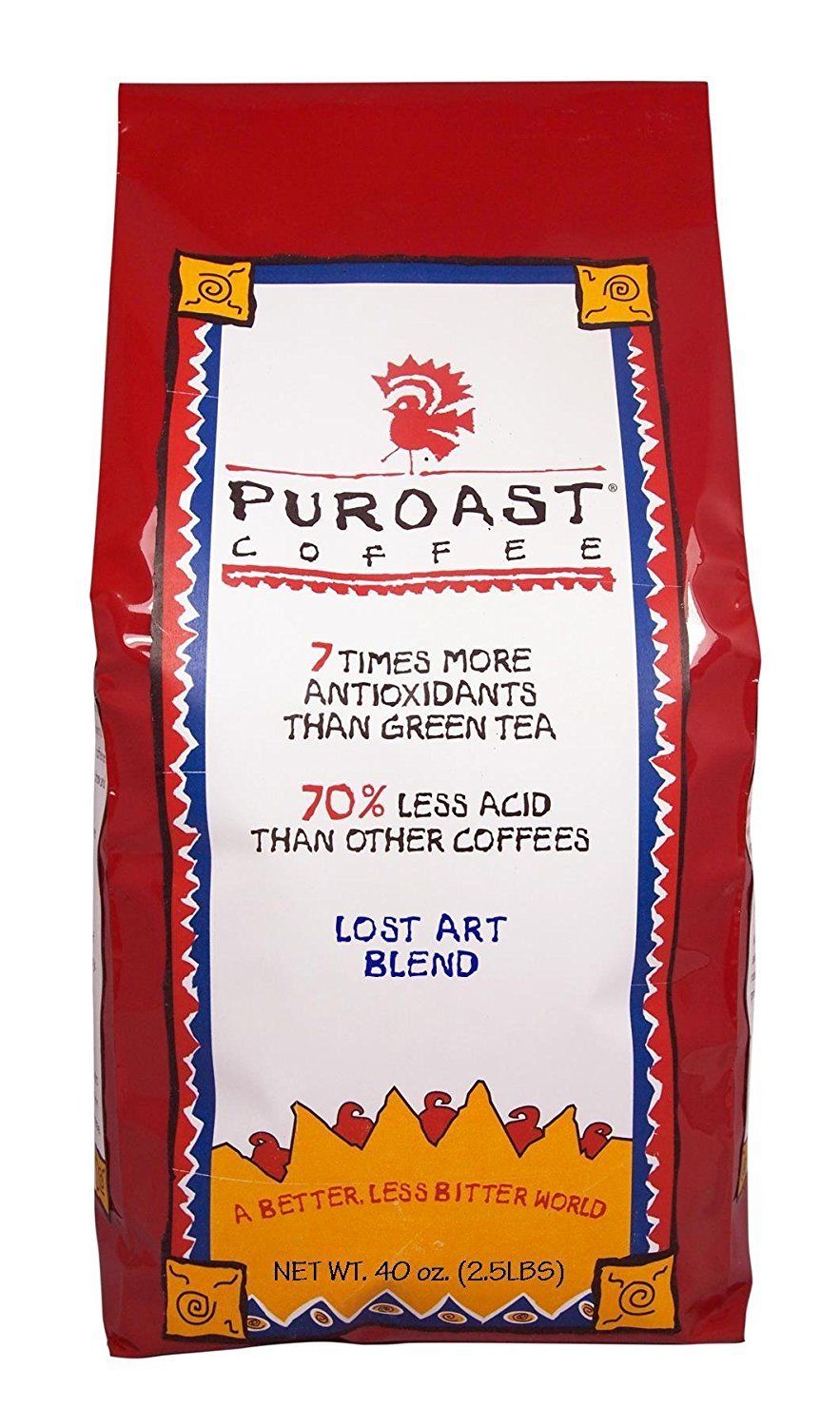 Puroast Low Acid Coffee Whole Bean | Lost Art Whole Bean | Medium Roast | High Antioxidants &amp; High pH |No Bitter Aftertaste | Reduced Heartburn &amp; GERD | Suitable for Cold Brew - 2.2 LB