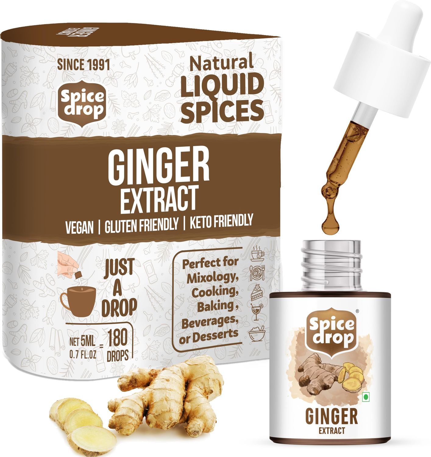 Spice Drop Pure Ginger Extract - Salad Dressing, Cooking, Baking, Tea, Coffee - Natural Immunity Booster - Rich Aroma - Dry Ginger Extract - No Added Color or Preservative - Non GMO - Vegan - 0.17 Oz