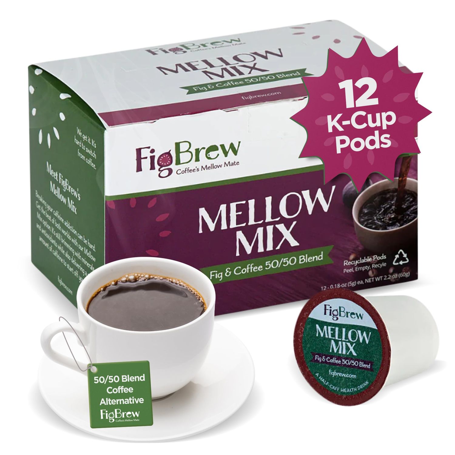 FigBrew - Mellow Mix Fig &amp; Coffee Blend | 50/50 Blend, Low Acid, Organic, Half the Caffeine for a Healthier Choice | 12 Single Serve Pods