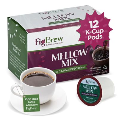 FigBrew - Mellow Mix Fig &amp; Coffee Blend | 50/50 Blend, Low Acid, Organic, Half the Caffeine for a Healthier Choice | 12 Single Serve Pods