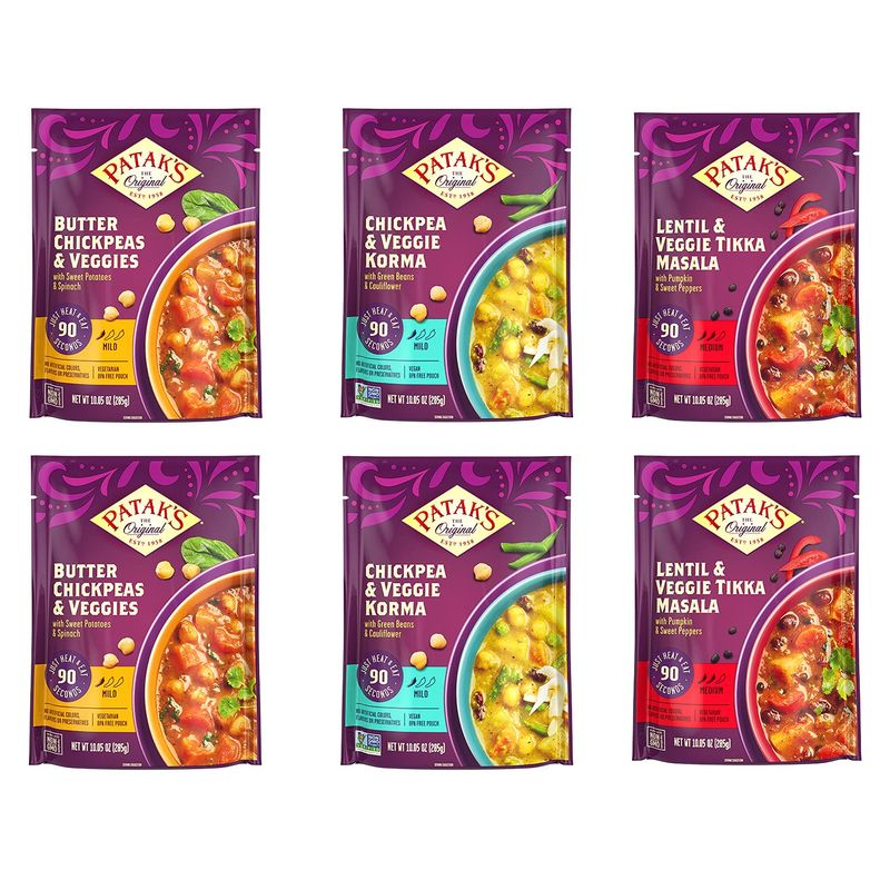 Patak&#39;s Ready to Heat Vegetarian Meals, including Butter Chickpeas, Veggie Korma, and Lentil &amp; Tikka Masala, A Flavorful Balanced Melody of Veggies, Ready to Heat in 90 Seconds, (Pack of 6)