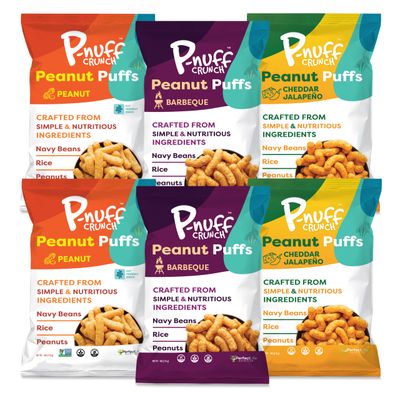 P-nuff Crunch Peanut Puffs Savory Variety Pack - Shark Tank, Healthy Snacks, Keto, Gluten Free, 20g Vegan Protein per Bag, Gut Health, Post Workout, Fit Snacks, For Adults and Kids - 4oz Bag, 6-Pack