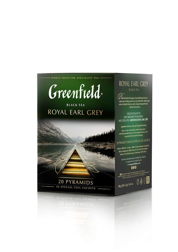 Greenfield Royal Earl Grey Pyramid Collection 20 Pyramids In Special Foil Sachets Black Tea Finely Selected Speciality Tea