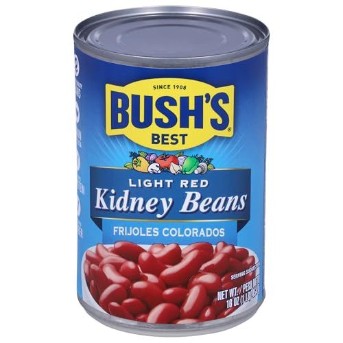 BUSH&#39;S BEST 16 oz Light Red Kidney Beans, Canned Beans, Kidney Beans Canned, Source of Plant Based Protein and Fiber, Low Fat, Gluten Free, (Pack of 12)