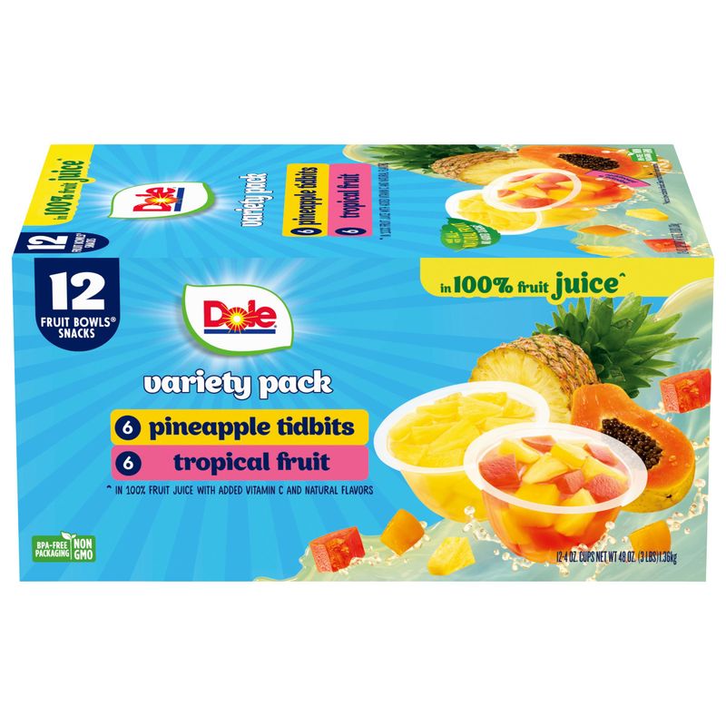 Dole Pineapple Tidbits and Tropical Fruit in 100% Juice Variety Pack - Dole Fruit Bowls Snacks - 4 oz Fruit Bowls - 12 Pack