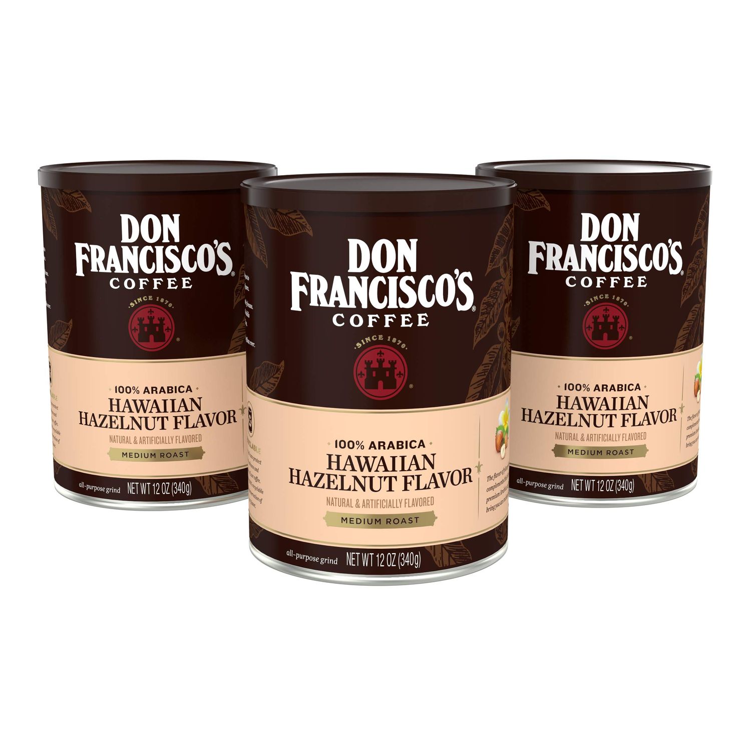 Don Francisco&#39;s Premium Hawaiian Hazelnut Ground Coffee: Rich, Aromatic 100% Arabica Beans - Family Crafted Flavored Coffee for a Delightful Morning Brew (3 x 12 oz Cans)
