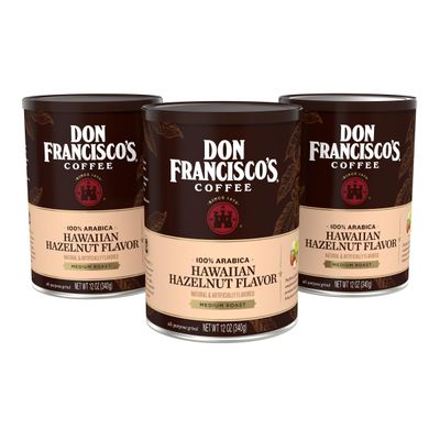 Don Francisco&#39;s Premium Hawaiian Hazelnut Ground Coffee: Rich, Aromatic 100% Arabica Beans - Family Crafted Flavored Coffee for a Delightful Morning Brew (3 x 12 oz Cans)