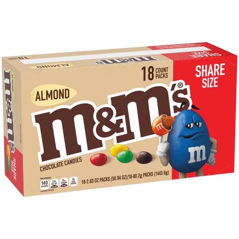 M&amp;M'S Almond Chocolate Candy Sharing Size 2.83-Ounce Pouch 18-Count Box