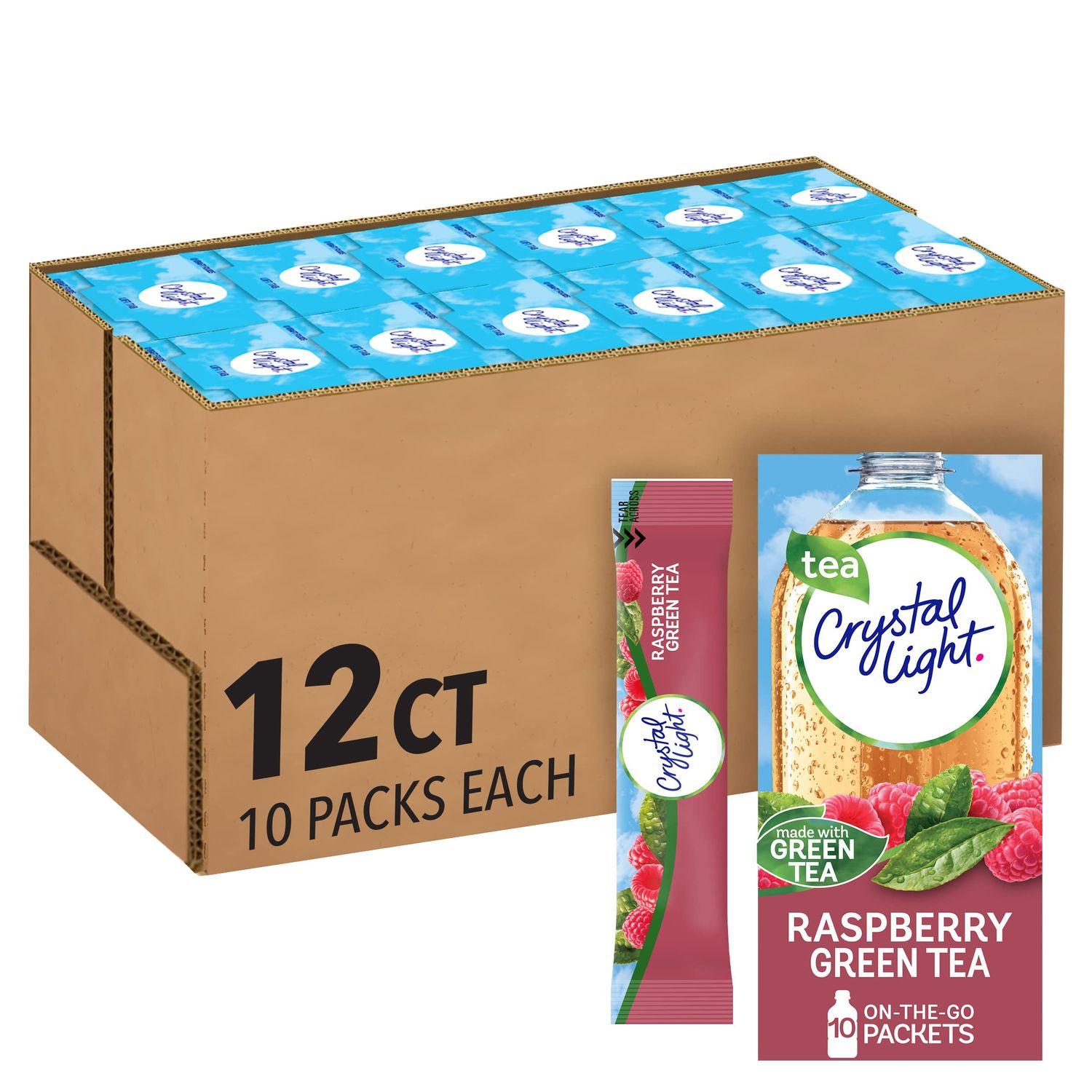 Crystal Light Raspberry Green Tea Naturally Flavored Powdered Drink Mix, 120 ct Pack, 12 Boxes of 10 On-the-Go-Packets