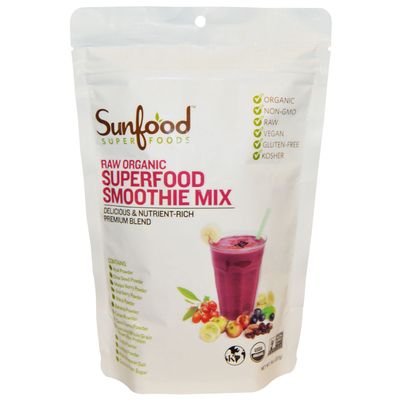 Sunfood Superfood Organic Smoothie Mix - Natural Plant-Based Protein, 13 Powerful Superfoods &amp; Adaptogen Blend- No Fillers Additives or Preservatives. Coconut Palm Sugar for Light Sweetness. 8 oz Bag