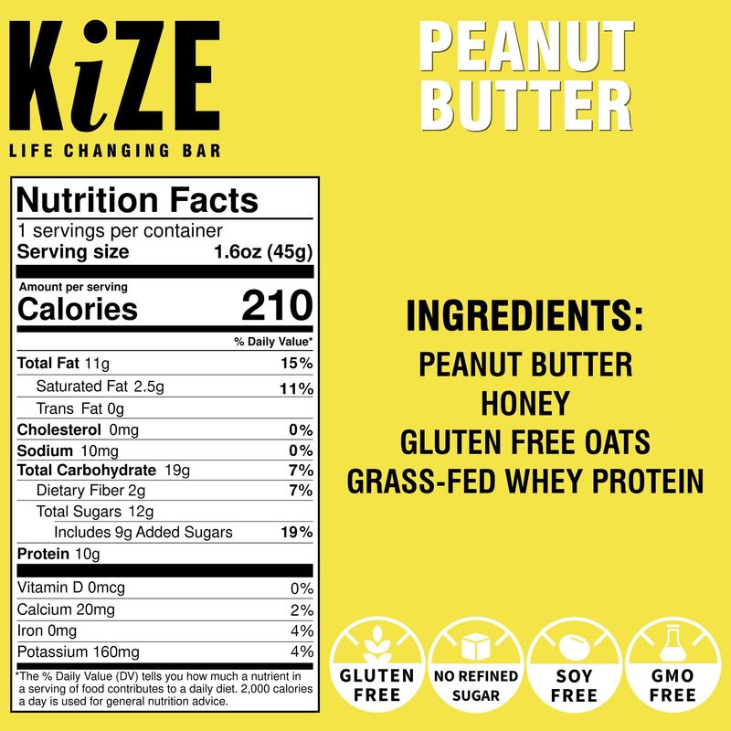 KiZE Energy Peanut Butter High Protein Snack Bars, 10 Count, 10g Grass-Fed Whey Protein, Gluten Free, Non-GMO, Soy Free, Mission Based, Made in USA