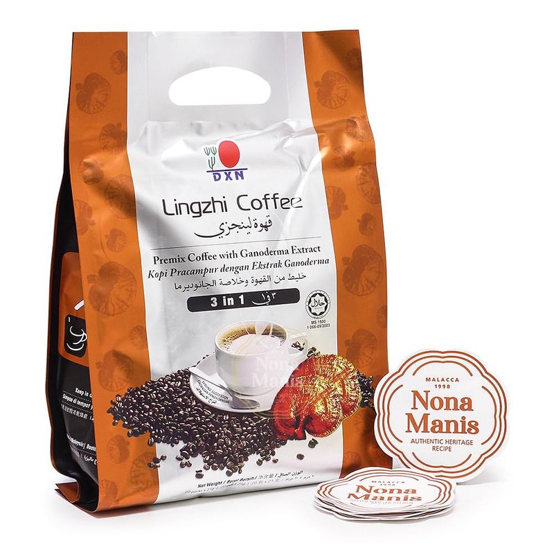 DXN Lingzhi Coffee 3 in 1 + 5&#39;s Nona Manis Disposable Coaster (Pack of 1)