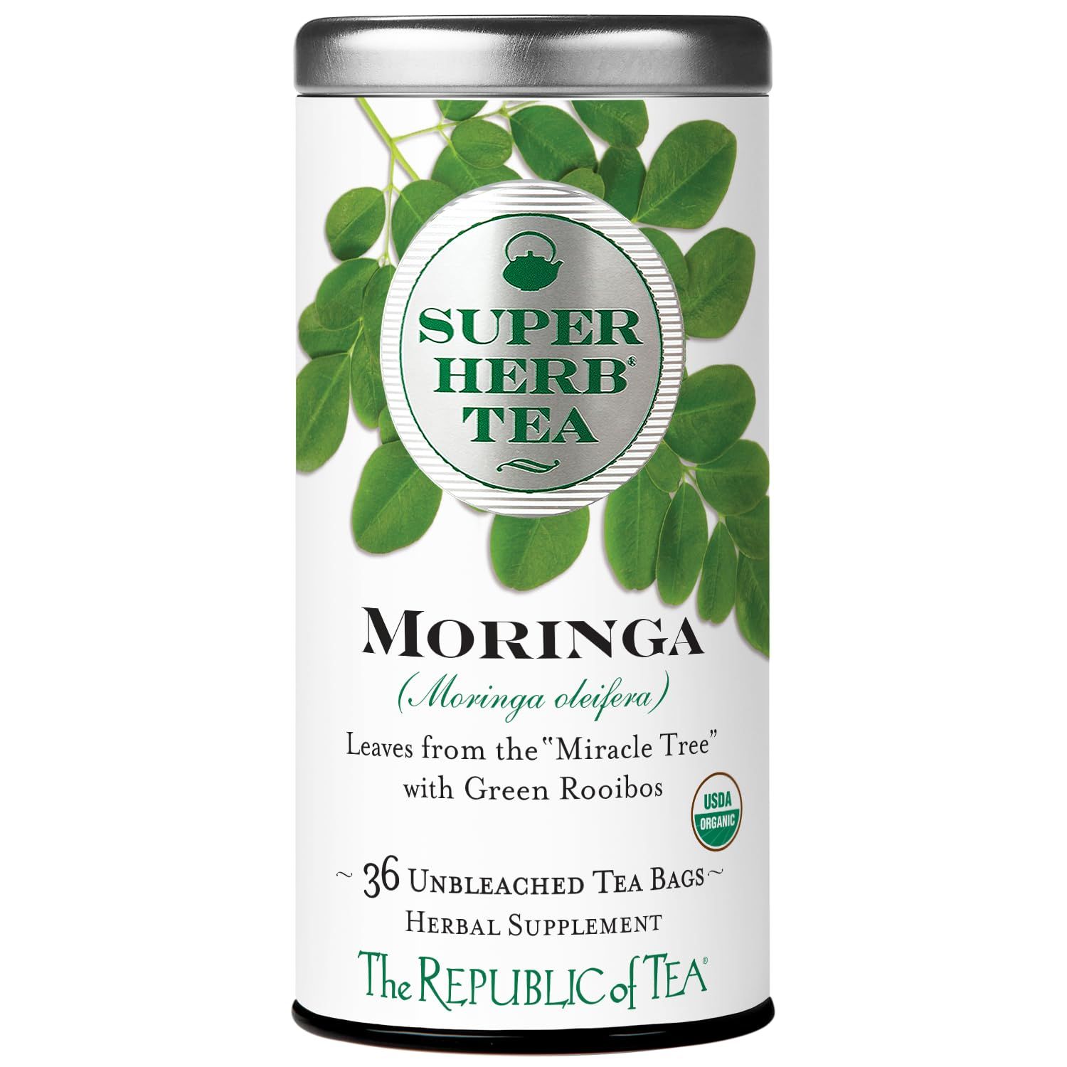 The Republic of Tea - Organic Moringa SuperHerb Tea Tin, 36 Herbal Tea Bags, Naturally Caffeine-Free