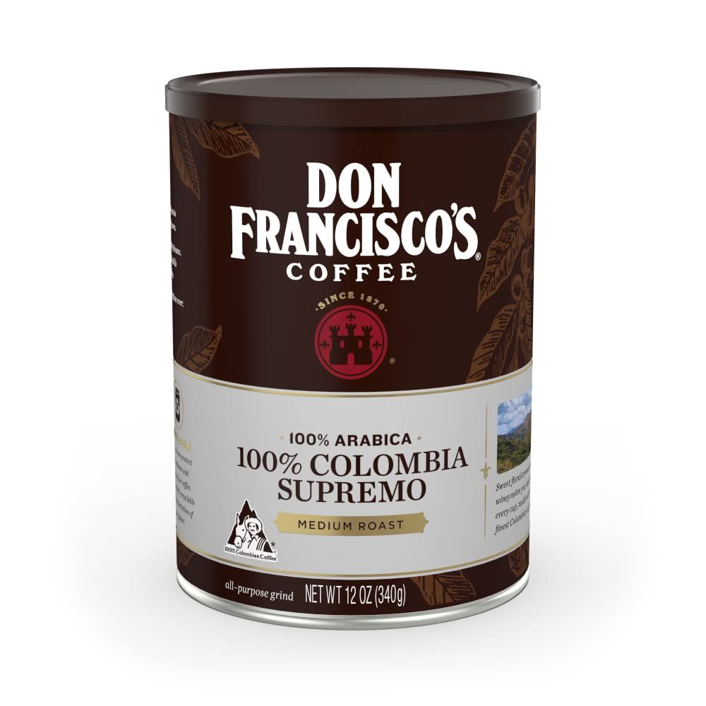 Don Francisco&#39;s Colombia Supremo Ground Coffee: Rich, Aromatic Medium Roast with 100% Arabica Beans - Floral Notes and Winey Flavor in 1 Recyclable 12 oz Can for a Delightful Morning Brew