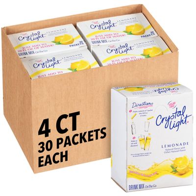 Crystal Light Single Serve Lemonade Naturally Flavored with other natural flavors, Powdered Drink Mix, 120 per Case, 4 Boxes of 30 On-the-Go Packets