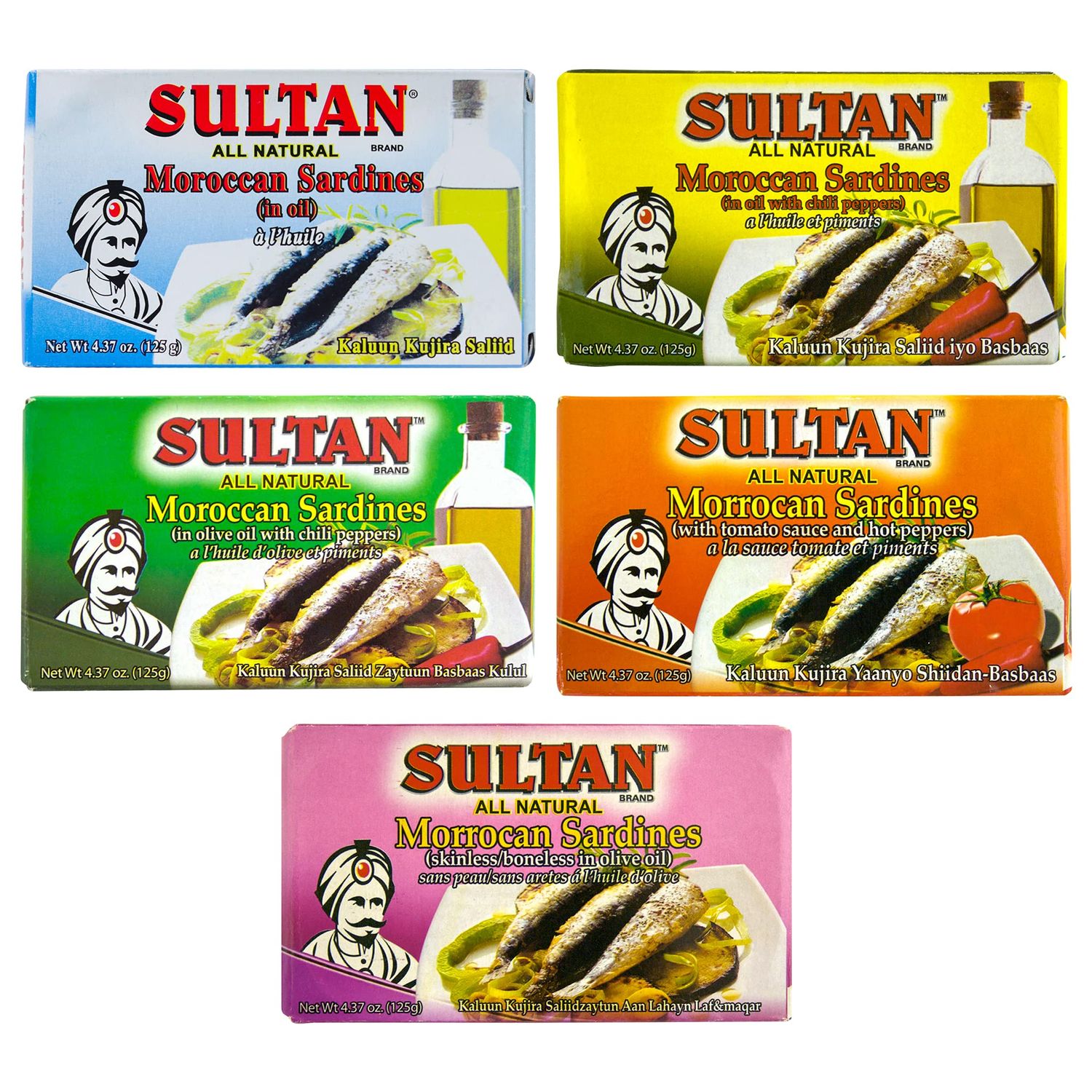 Sultan Moroccan Sardines Variety Pack, 100% All-Natural, High Protein, Paleo, Carnivore, Keto Friendly, Zero Carb, Fresh, Boneless &amp; Skinless, Hot, Mild, Spicy, Spicy Tomato, 4.37oz (Pack of 5)