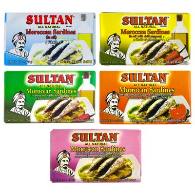 Sultan Moroccan Sardines Variety Pack, 100% All-Natural, High Protein, Paleo, Carnivore, Keto Friendly, Zero Carb, Fresh, Boneless &amp; Skinless, Hot, Mild, Spicy, Spicy Tomato, 4.37oz (Pack of 5)