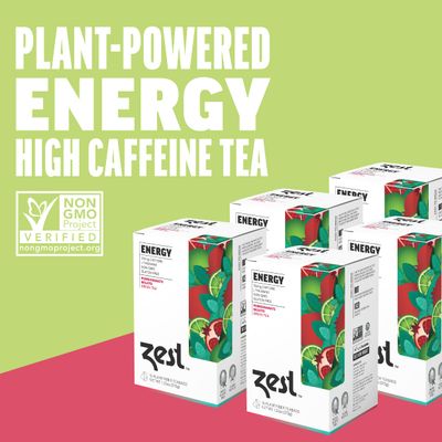 Zest Tea Premium Energy Hot Tea, High Caffeine Blend Natural & Healthy Black Coffee Substitute, Perfect for Keto, 135 mg Caffeine per Serving, Pomegranate Mojito Green Tea, Box of 15 Sachet Bags