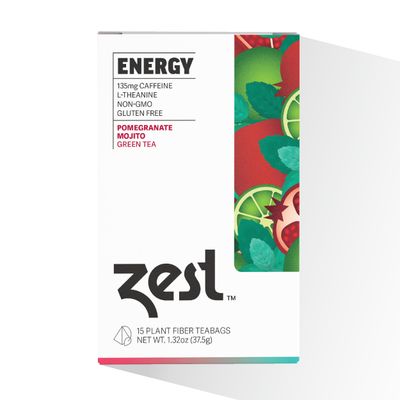 Zest Tea Premium Energy Hot Tea, High Caffeine Blend Natural &amp; Healthy Black Coffee Substitute, Perfect for Keto, 135 mg Caffeine per Serving, Pomegranate Mojito Green Tea, Box of 15 Sachet Bags