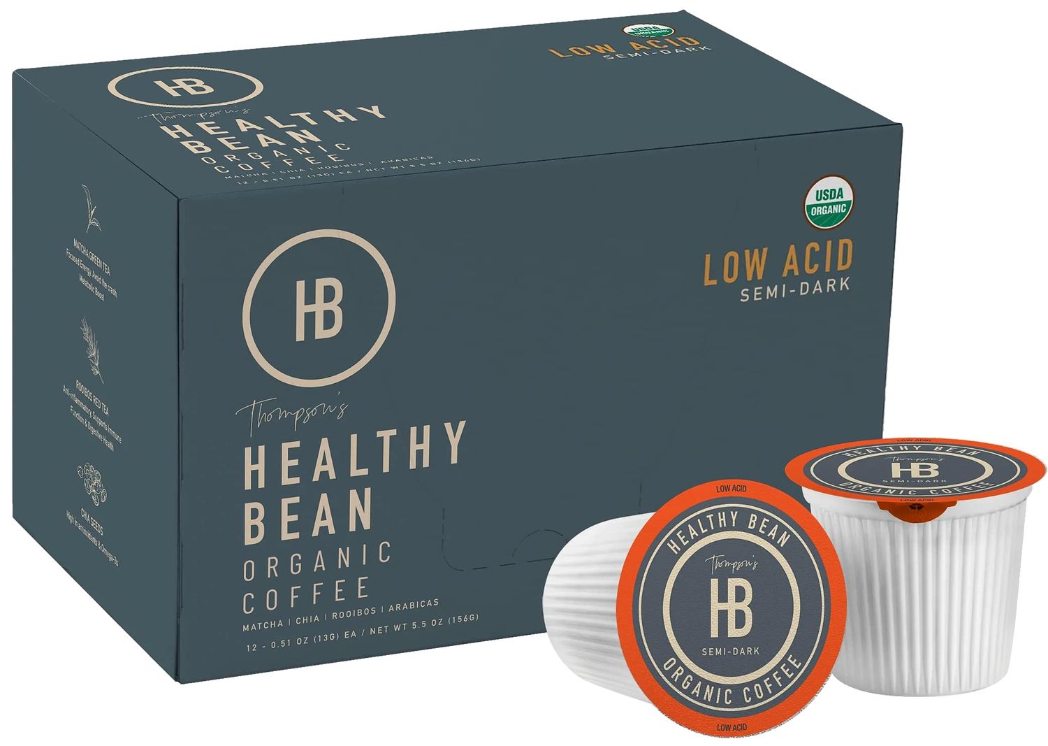 Healthy Bean Low Acid Coffee Pods - Superfood Infused, USDA, Organic Low Acid Coffee, Mold Free Coffee Pods - Clean, Healthy Coffee Pods - Mycotoxin Free Coffee - Semi-Dark Roast Coffee Pods, 12 Pack