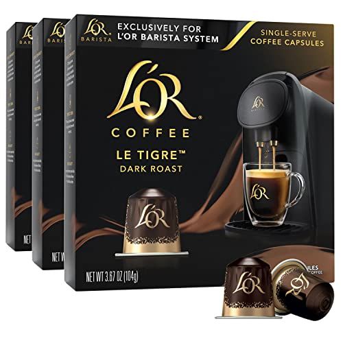 L&#39;OR Coffee Pods, 30 Capsules Le Tigre Dark Roast Blend, Single Cup Aluminum Coffee Capsules Exclusively Compatible with the L&#39;OR BARISTA System