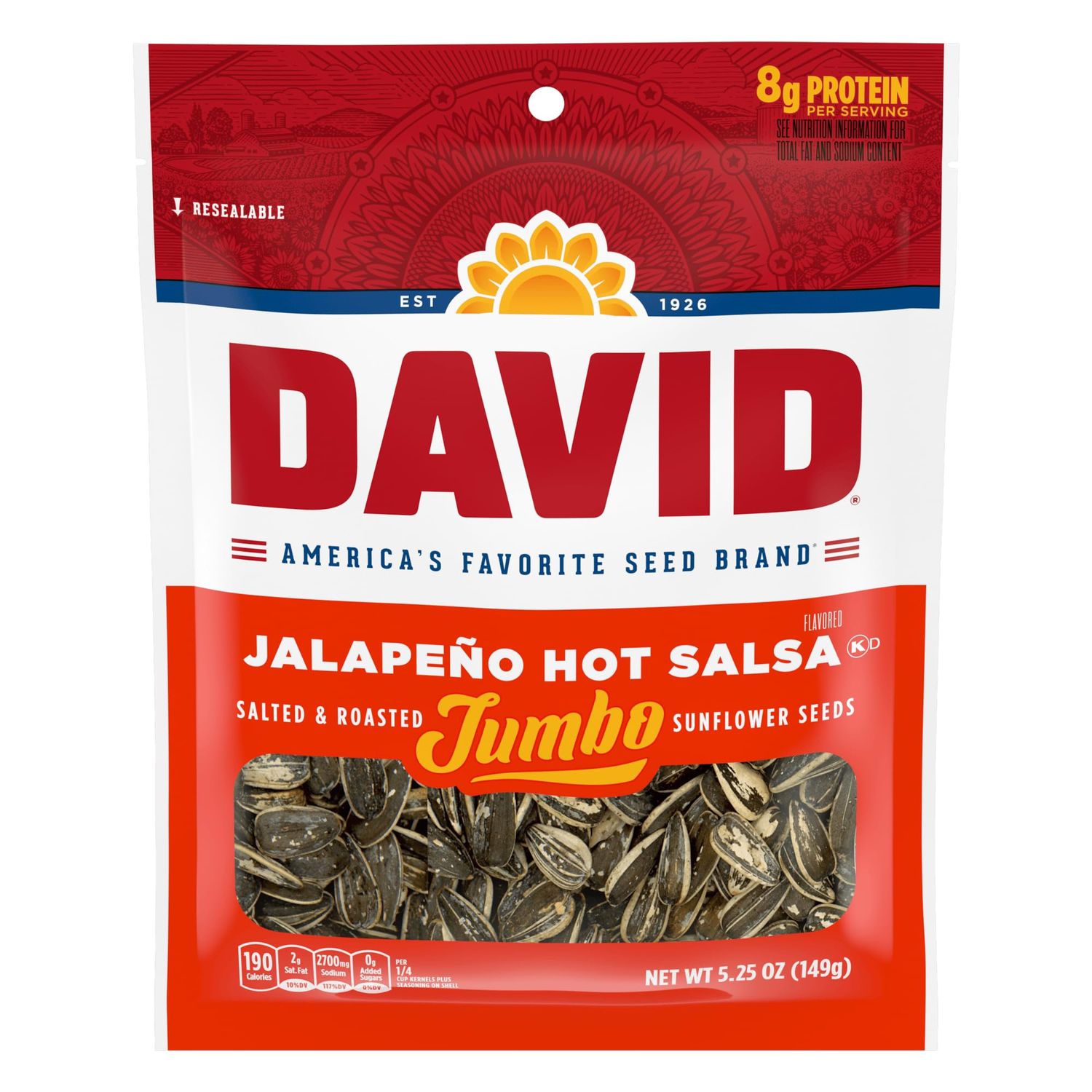 DAVID Roasted and Salted Jalapeo Jumbo Sunflower Seeds, 5.25 oz, 12 Pack