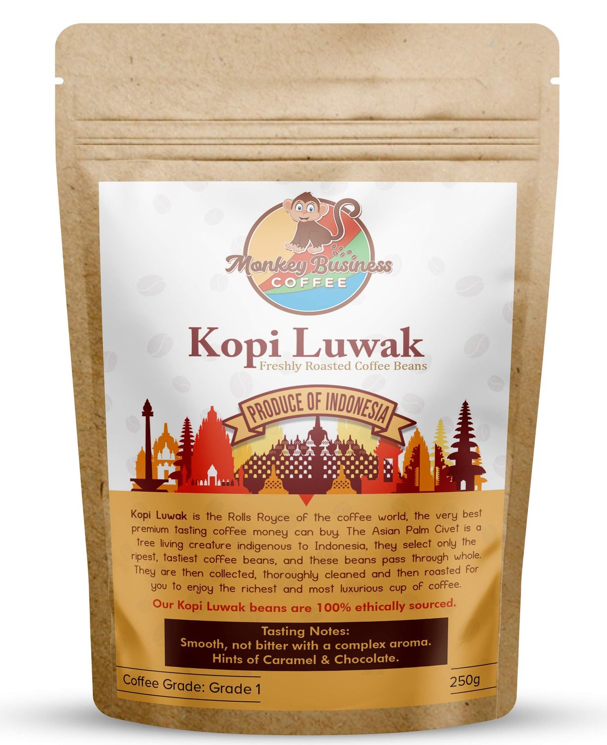 Monkey Business Coffee - Wild Kopi Luwak Coffee Whole Beans - Ethically Sourced - 250 Grams (8.8oz) (Other Weights &amp; Bean Types Available) - Produce of Indonesia
