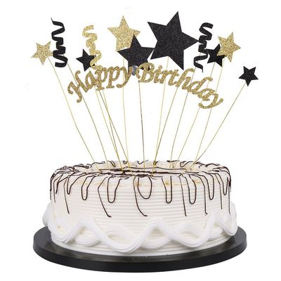 YUINYO Handmade Black and Glod Glitter Pentacle Pentacle Cake Toppers Happy Birthday Cake Bunting Topper Paper, Birthday Party Decoration