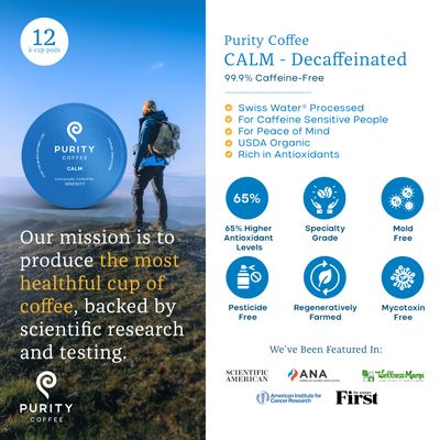 Purity Coffee CALM Decaf Medium Roast Organic Coffee - USDA Certified Organic Specialty Grade Arabica Single-Serve Coffee Pods - Third Party Tested for Mold, Mycotoxins & Pesticides - 12 ct Box
