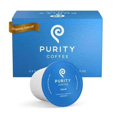 Purity Coffee CALM Decaf Medium Roast Organic Coffee - USDA Certified Organic Specialty Grade Arabica Single-Serve Coffee Pods - Third Party Tested for Mold, Mycotoxins &amp; Pesticides - 12 ct Box