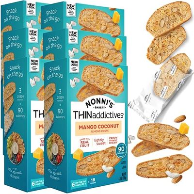 Nonni&#39;s THINaddictives Almond Thin Cookies - 6 Boxes Mango &amp; Coconut Almond Cookies - Sweet Crunchy &amp; Chewy Almond Cookie Thins - Biscotti Individually Wrapped Cookies - Kosher Coffee Cookies - 4.4 oz