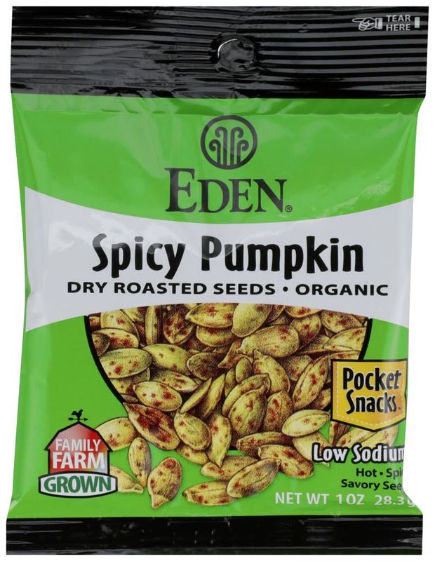 Eden Organic Spicy Pumpkin Seeds, Dry Roasted, Pocket Snacks, 1 Ounce (Pack of 12)