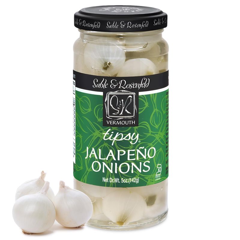 Sable &amp; Rosenfeld Tipsy Onions - Stuffed Jalapeno Cocktail Onions in Jar with French Vermouth - Pickled Silverskin Onions, Pearl Onions - 5 Ounce