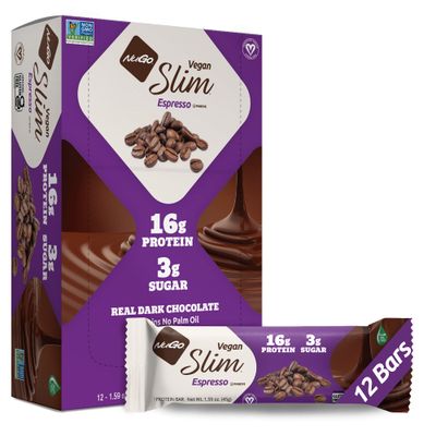 NuGo Slim Dark Chocolate Espresso, 16g Vegan Protein, 3g Sugar, 7g Fiber, 170 Calories, Low Net Carbs, Gluten Free, 12 Count