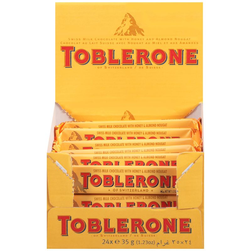 Toblerone Swiss Milk Chocolate with Honey &amp; Almond Nougat, Valentines Day Chocolate Candy, 24 - 1.23 oz Bars