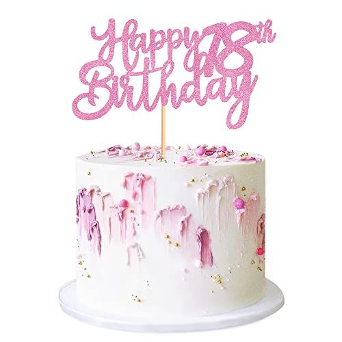 Cyodoos Pink Glitter 18th Happy Birthday Cake Topper Adult Food Picks for Celebrating Eighteen Years Old Birthday Anniversary Party Decorations Supply