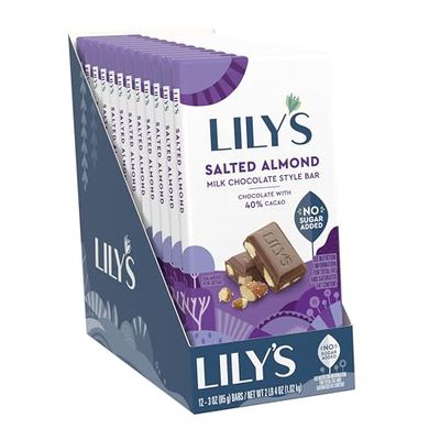 LILY&#39;S Salted Almond Milk Chocolate Style No Sugar Added, Sweets Bars, 3 oz (12 Count)
