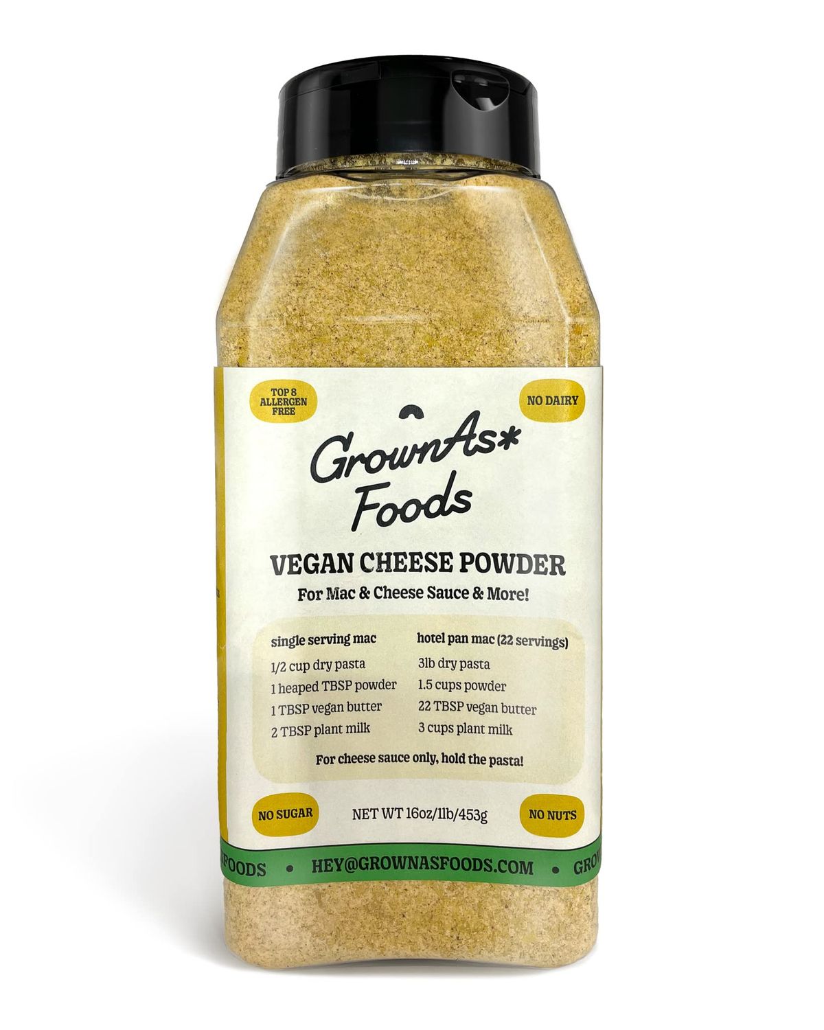 GrownAs Vegan Cheese Powder, 1 lb. - Dairy Free, Non-GMO Cheddar Cheese Seasoning for Vegan Mac &amp; Cheese, Nachos, Pub Cheese - Organic, Non-Dairy, Sugar-Free, Soy-Free - Better Than Nutritional Yeast