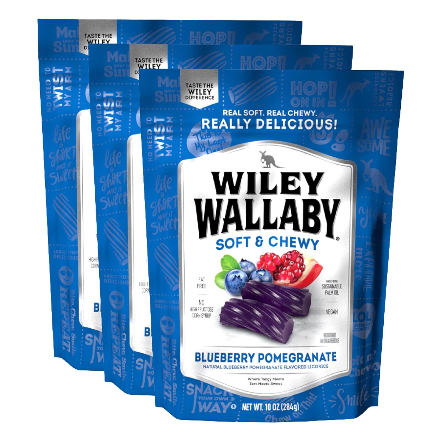 Wiley Wallaby Licorice 10 Ounce Classic Gourmet Soft &amp; Chewy Australian Blueberry Pomegranate Candy Twists, 3 Pack