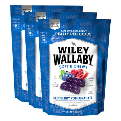 Wiley Wallaby Licorice 10 Ounce Classic Gourmet Soft &amp; Chewy Australian Blueberry Pomegranate Candy Twists, 3 Pack