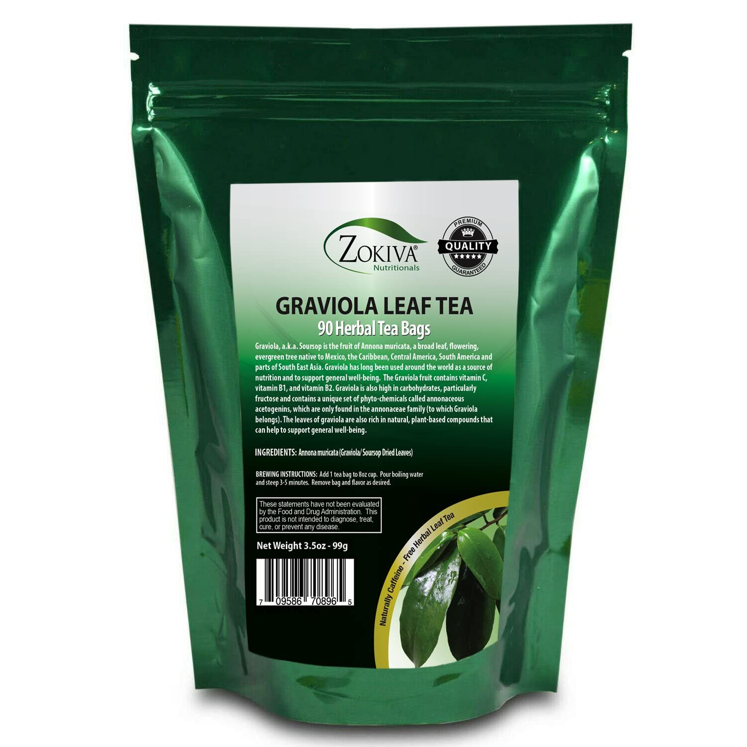 Zokiva Nutritionals Graviola Tea 100 Bags Soursop - Organic Annona Muricata - Guanabana Herbal Tea - 100% Pure Soursop Leaf for - Caffeine-Free, Premium Quality Graviola Tea Bags