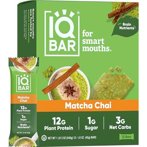 IQBAR Brain and Body Plant Protein Bars - Matcha Chai - 12 Count, Low Carb, High Fiber, Gluten Free, Healthy Vegan Snacks - Low Sugar Keto Bar Pack